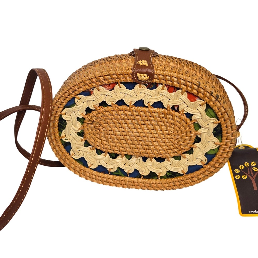 Sheltercast Rattan Nwt Crossbody Bag Oval Straw Boho Purse Tropical Floral NWT